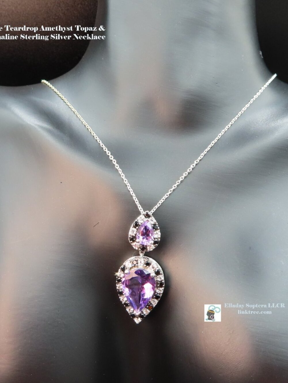Double Teardrop Amethyst Topaz & Tourmaline Sterling Silver Necklace